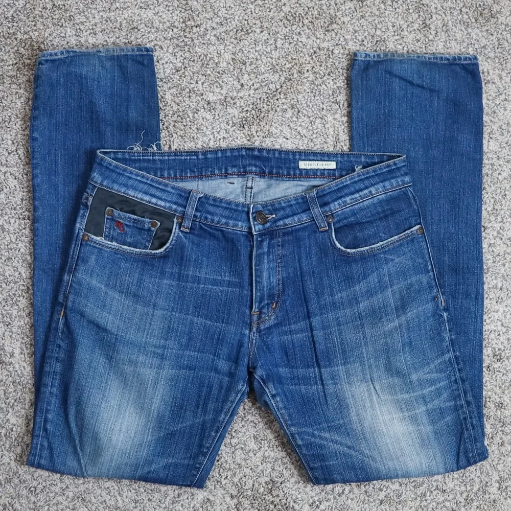 Polo Ralph Lauren Spencer Skinny‎ Mens 34x32 Blue Distressed Flag Denim Jeans